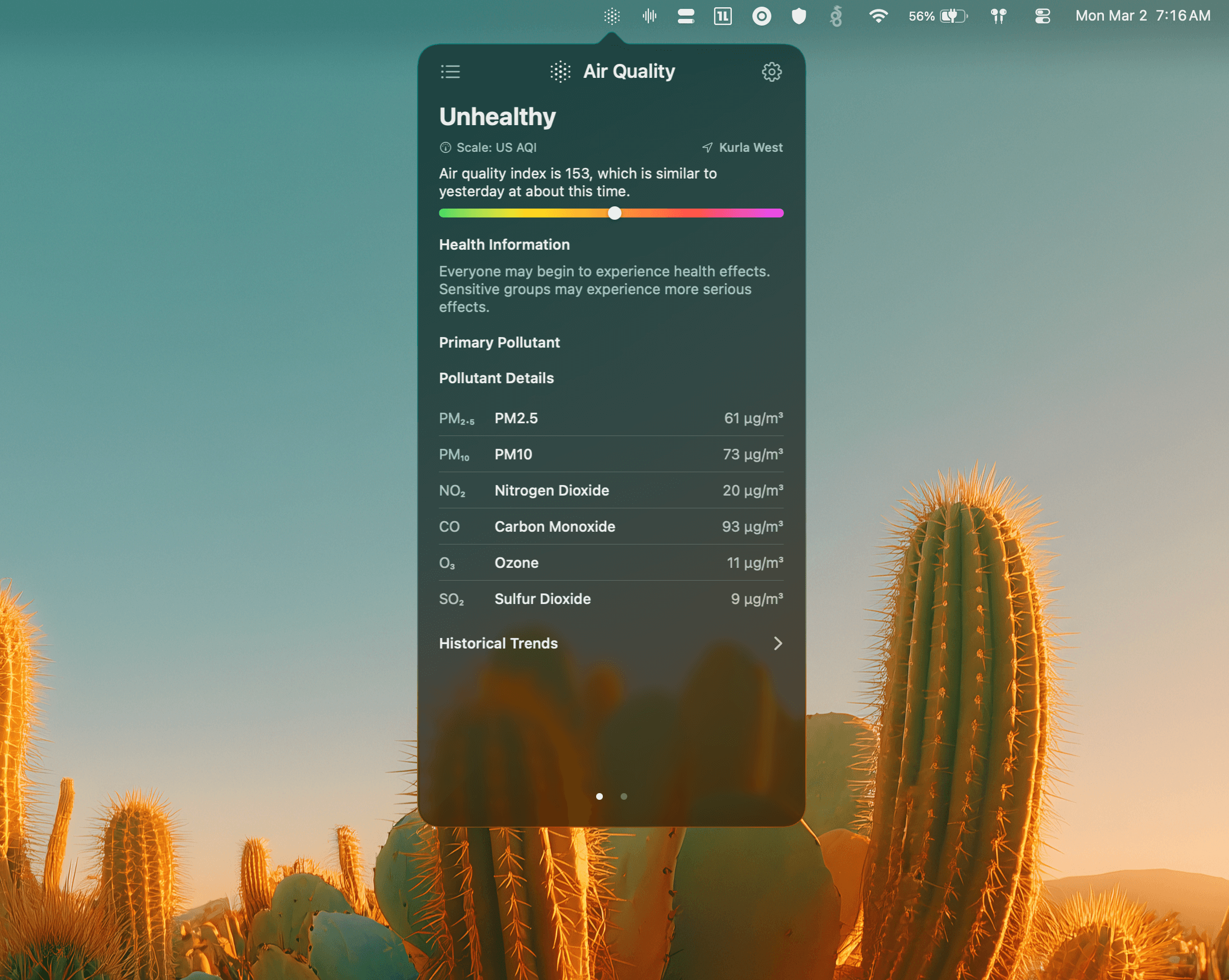 Aerion app showing air quality data in the macOS menu bar